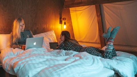 Remote work in glamping tent