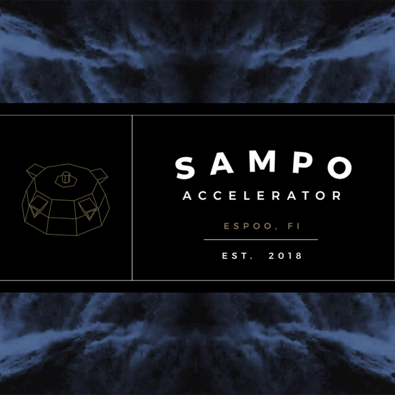 Logo of Sampo Accelerator with black background with a blue waterfall like imagery.
