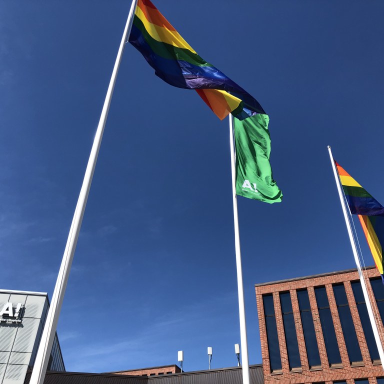 Two rainbow flags and a green flag in between flying in the wind.