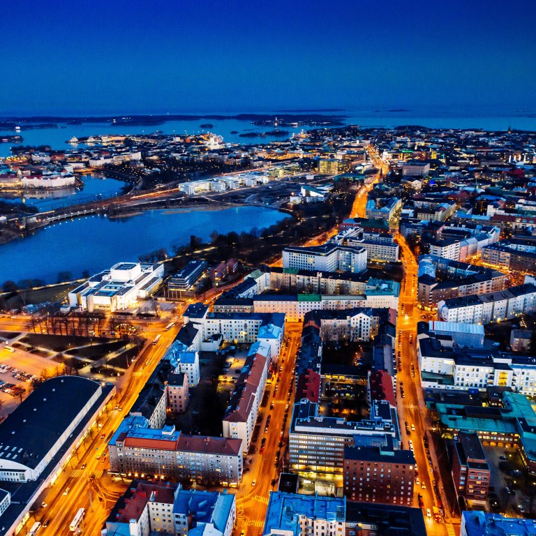 Aerial photo of the City of Helsinki by night.