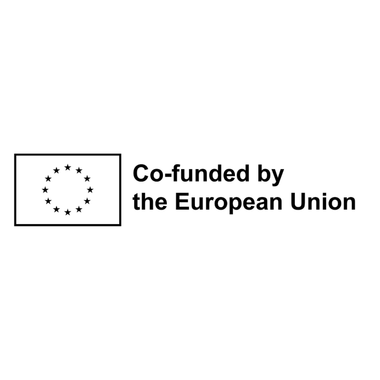 Black and white square logo that has writing Co-funded by the European Union.