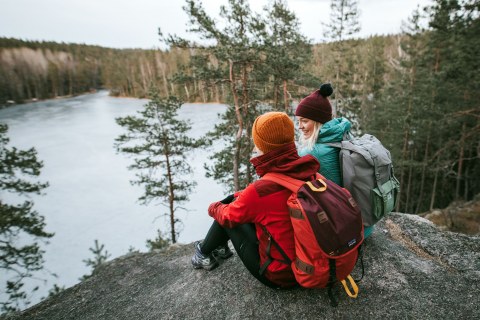 Two beanie-headed people sit on a rock and a forest lake is visible below.