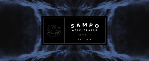 Logo of Sampo Accelerator with black background with a blue waterfall like imagery.