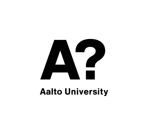 Black Aalto University logo on white background with question mark
