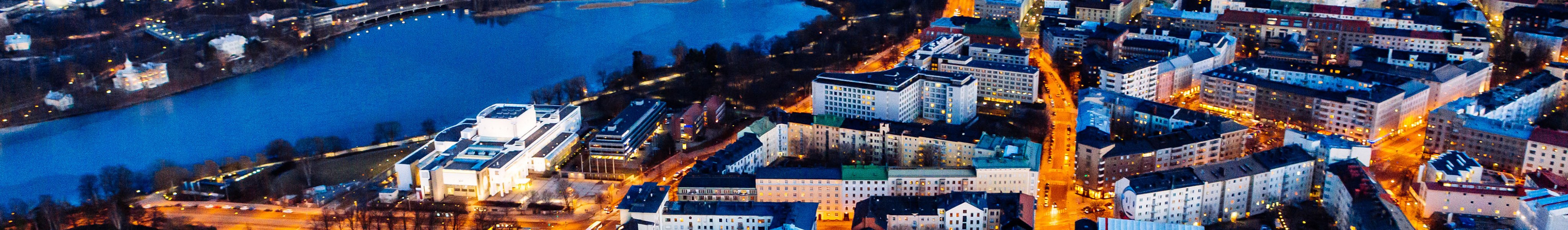 Aerial photo of the City of Helsinki by night.