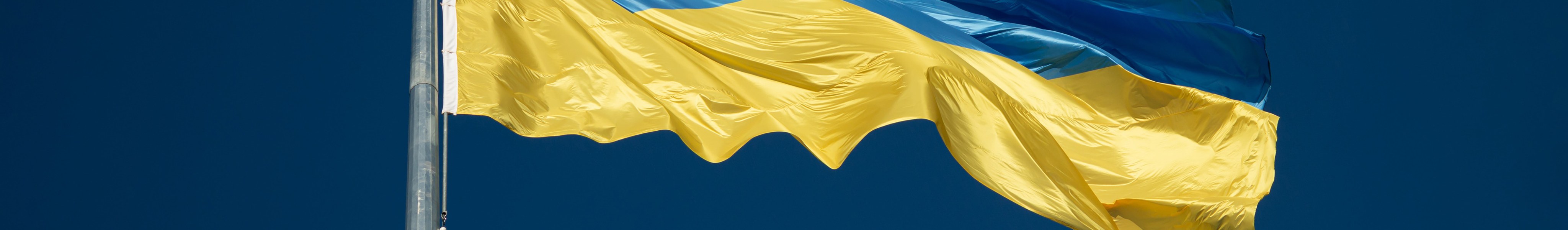 The flag of Ukraine flowing in a breeze on a clear blue sky.
