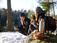 Two people drinking coffee outside in the forest